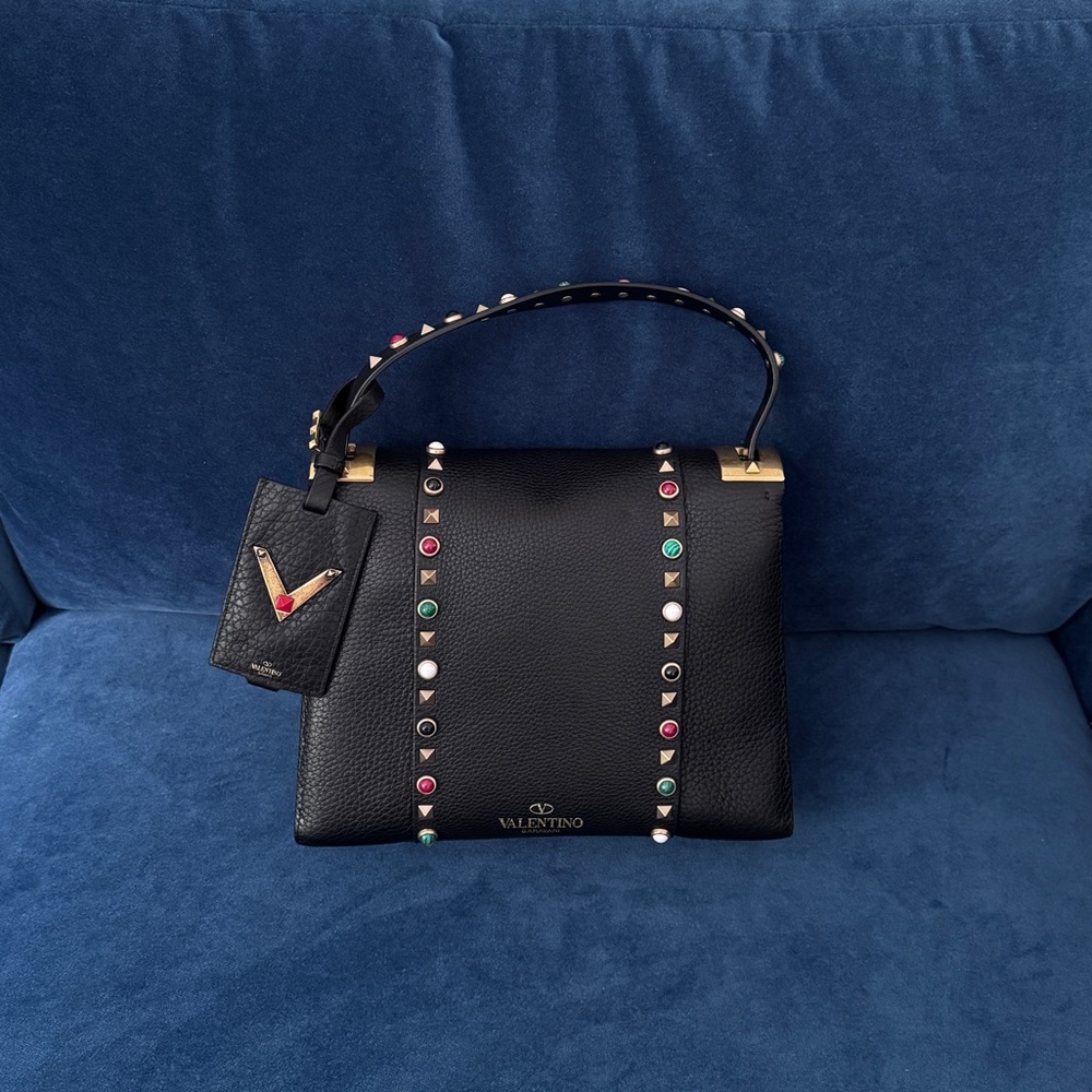 VALENTINO GARAVANI Black PebbleLeather Multi Colored RockstudCrossbody Handbag